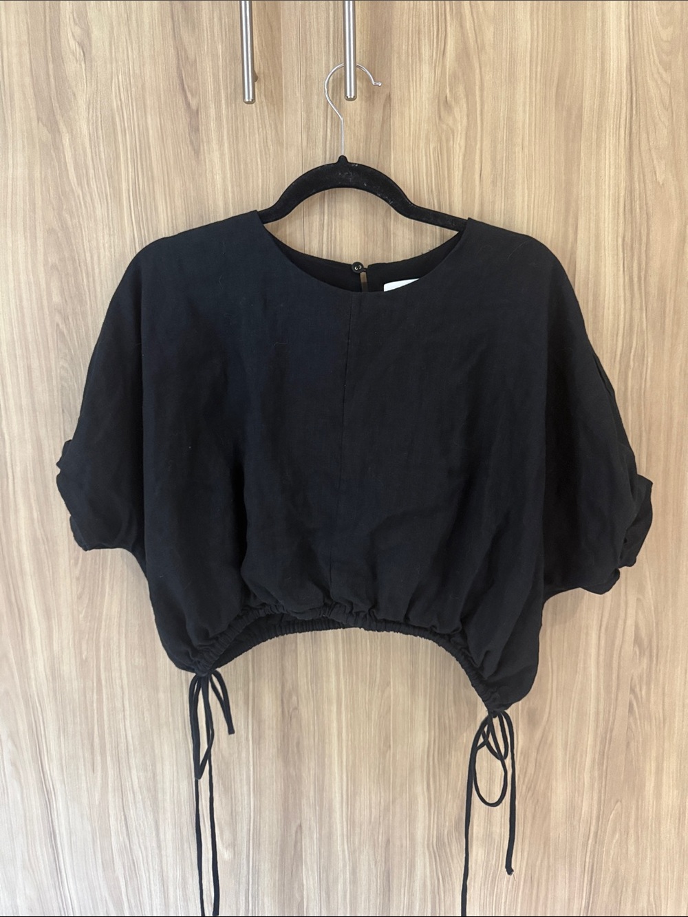 DISSH Black Drawstring Cropped Blouse-Linen